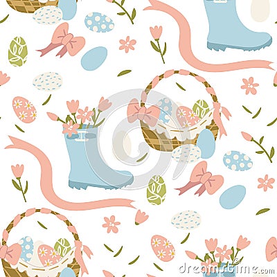 A pattern of a simple pattern with colored eggs in a basket, with flowers in a boot and ribbons. Easter holiday white Vector Illustration