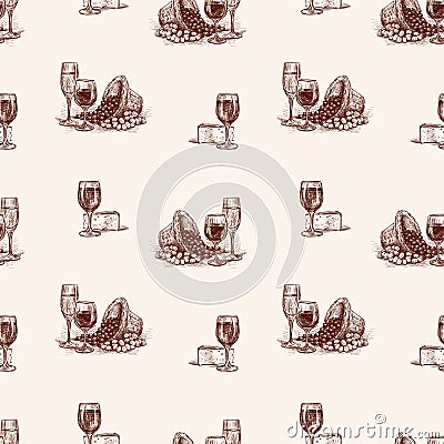 Pattern of sketches of wine glasses with cheese and grape Vector Illustration