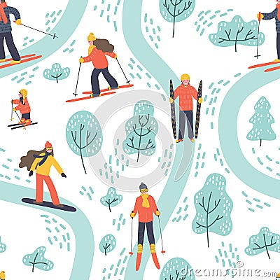 Pattern from skiing people Vector Illustration