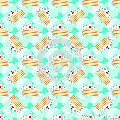 Pattern with slices of birthday cake on green background. Vector Illustration