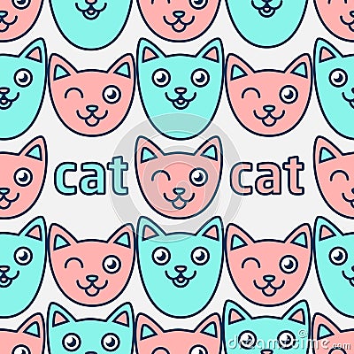 Pattern with smiling cats. Pink and blue faces of cats Vector Illustration