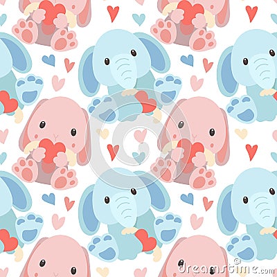 A pattern of soft toys. A blue elephant and a pink hare with toys in their hands and different poses. Pattern for Vector Illustration