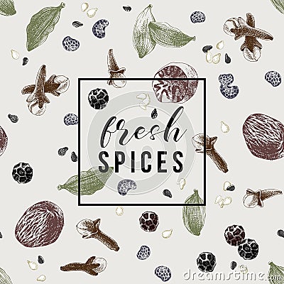 Pattern with spices and emblem - fresh spices Vector Illustration
