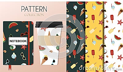 Pattern with summer items sunglasses, starfish, shells, coconut cocktail, watermelon, ice cream and cooling drinks. The Vector Illustration