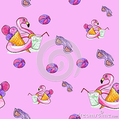 Pattern from the summer things drawn with a watercolor. The seamless drawing from sea accessories on a pink background Stock Photo