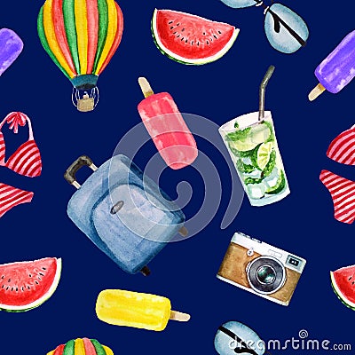 Pattern of summer watercolor elements: suitcase, glasses, balloon, swimsuit, camera, ice cream, mojito cocktail Stock Photo