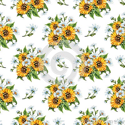 Pattern sunflowers and daisies watercolor Cartoon Illustration