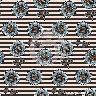 Pattern with sunflowers on striped background Vector Illustration