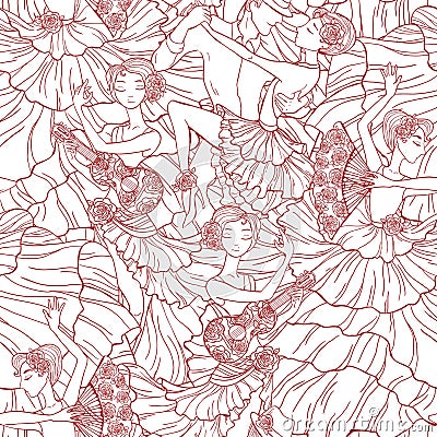 Pattern with tango and flamenco dancers. Vector Illustration
