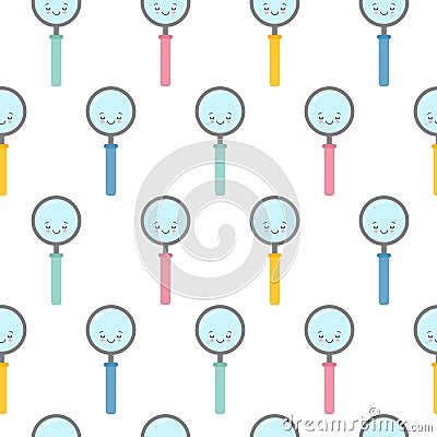 Pattern textures of cute character icons magnifier color. Magnifying glass sign in flat style. Loupe background for Vector Illustration