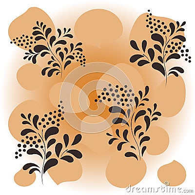 A pattern of thin graceful twigs with berries and colored spots in bed tones, an outline drawing in black and a gradient, a plant Vector Illustration