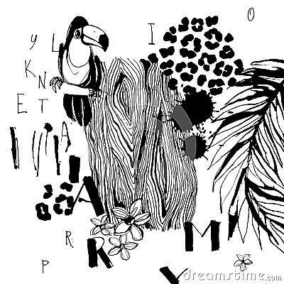 Pattern of Tropical birds, palms, flowers and letters. Grungy ink style. Artistic creative universal floral pattern. Hand Drawn te Vector Illustration