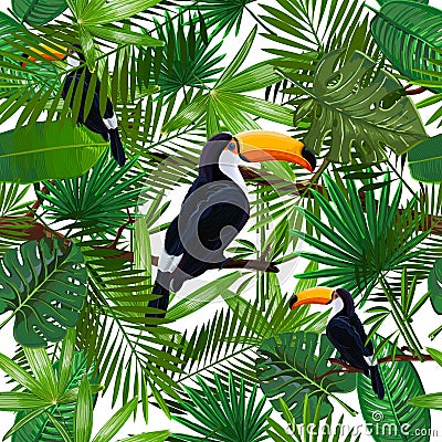 Pattern with tropical leaves and bird toucan on a branch Vector Illustration