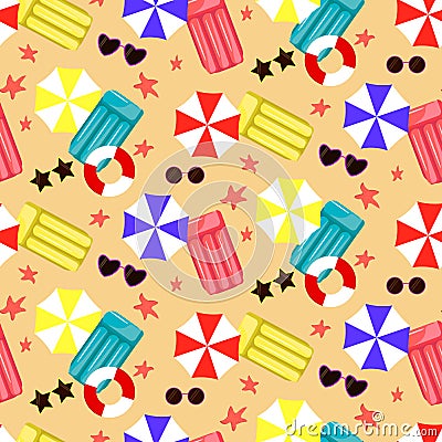 Pattern - umbrellas, sun beds, sunglasses Vector Illustration