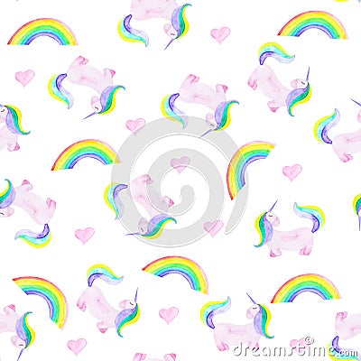 Pattern with unicorn, rainbow and heart. Magic horse on the white background Stock Photo