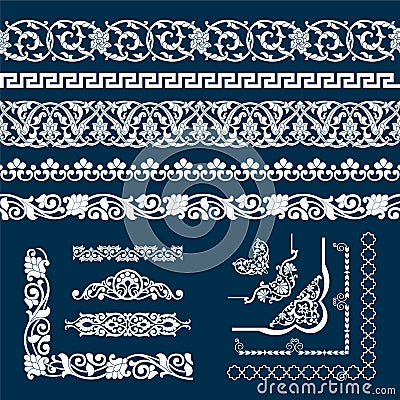 Set of seamless tape Patterns, corner and elements in the form of cotton in the Uzbek national style, vector mockup for design Vector Illustration