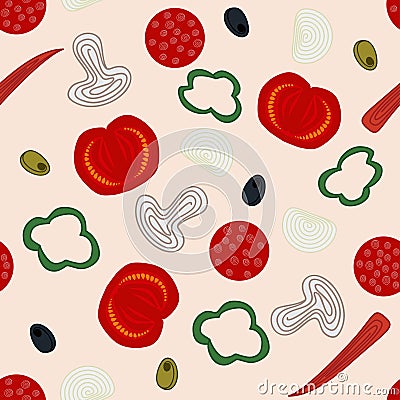 Pattern with various pizza ingredients Vector Illustration