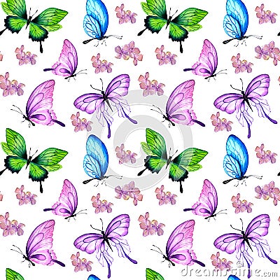 Pattern of vintage floral bouquet of blooming hydrangea and garden and butterfly flowers Cartoon Illustration