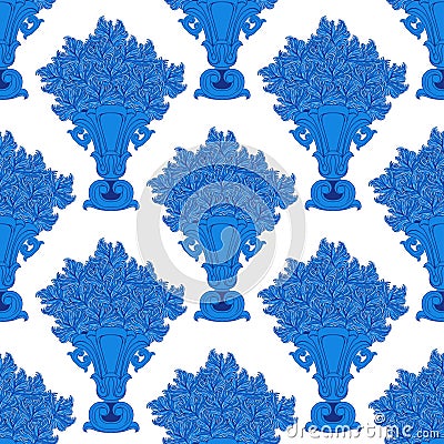 Pattern with vintage vases with blue abstract flowers Vector Illustration