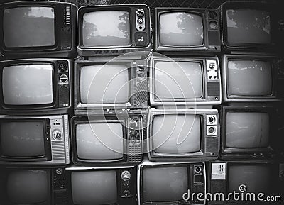 Pattern wall of pile black and white retro television Stock Photo