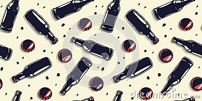 Pattern wallpaper with metal cork, beer bottle Vector Illustration