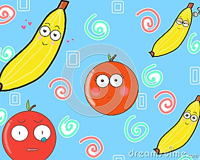 A pattern of wallpaper thats draw about cartoon of banana and tomatos. Its good for fabric or wraping paper Stock Photo