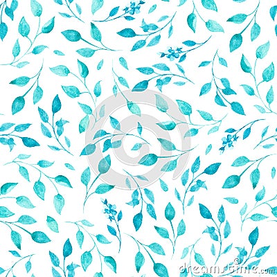 Pattern of watercolor blue and green leaves and flowers Stock Photo