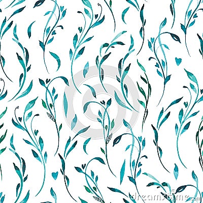 Pattern of watercolor blue and green leaves and flowers Stock Photo