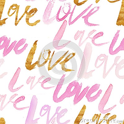 Pattern of watercolor love and gold foil Stock Photo