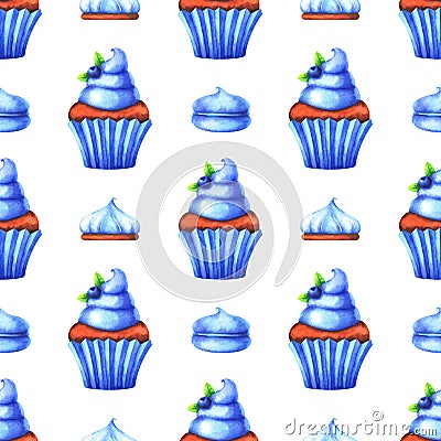 Pattern with watercolor muffin with blueberries, cake and marshmallow Stock Photo