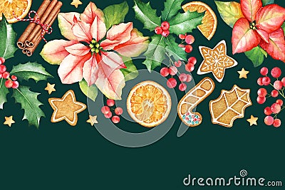 Pattern with watercolor poinsettia flowers, ginger cookies, sweets and holly berries Stock Photo