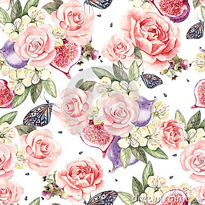 Pattern with watercolor realistic roses, butterflies and figs. Stock Photo