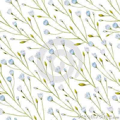 Pattern of watercolor thin twigs with blue flowers. Stock Photo