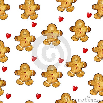 Seamless pattern of watercolor Christmas gingerbread cookies. Stock Photo