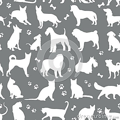 Pattern of white colors cats and dogs background illustration on grey. Animal collection. seamless surface pattern. Vector Illustration