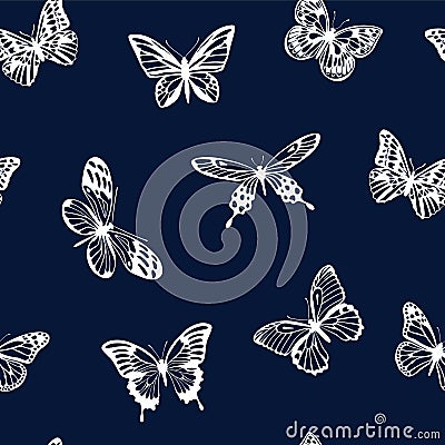Pattern with white silhouettes of butterflies on blue background. Vector. Vector Illustration