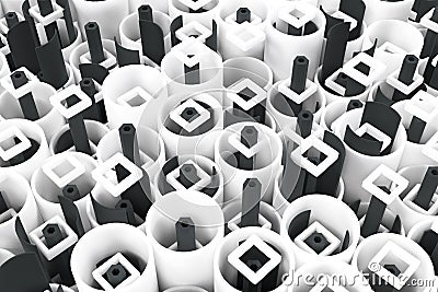 Pattern of white tubes, repeated square elements, black hexagons Cartoon Illustration