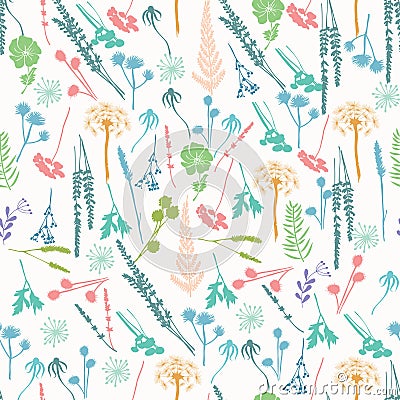 Pattern with wild flowers, fern, leaves, lavender and meadow herbs Vector Illustration
