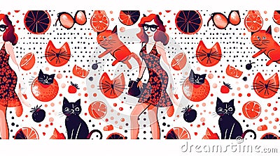 A pattern of a woman in red and black with cats, AI Stock Photo