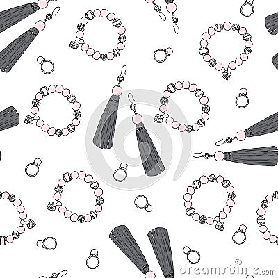 Pattern of women jewelry earrings, ring and bracelet. Vector Illustration