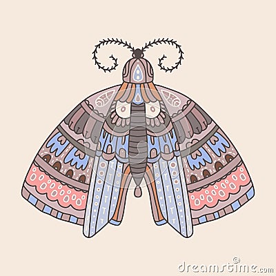 Patterned butterfly or moth on a nude background is isolated. The moth is richly decorated with patterns. Papillon. Print and Stock Photo