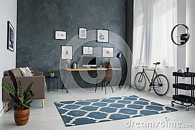 Patterned carpet in bright workspace interior with bicycle next Stock Photo