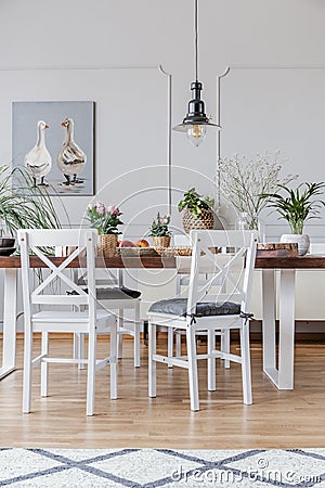 Patterned carpet and poster in white dining room interior with chairs at wooden table. Real photo Stock Photo