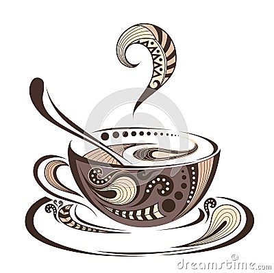 Patterned colored cap of coffee. Batik/tattoo design. It may be used for design of a t-shirt, bag, postcard and menu. Vector Illustration