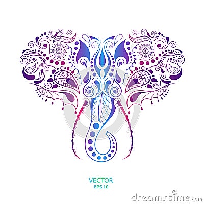 Patterned colored head of the elephant. African / indian / totem / tattoo design. It may be used for design of a t-shirt, bag, pos Vector Illustration