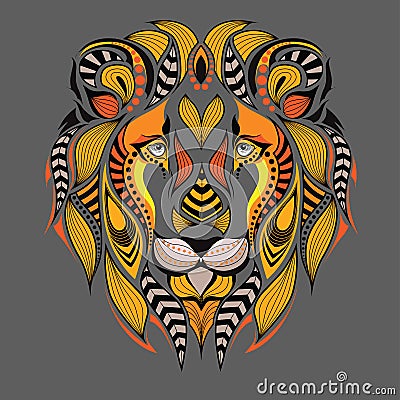 Patterned colored head of the lion. African / indian / totem / tattoo design. It may be used for design of a t-shirt, bag Vector Illustration