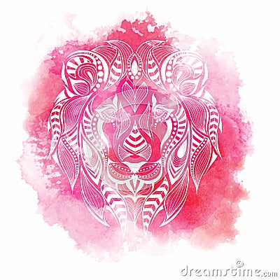 Patterned colored head of the lion. African, indian, totem, tattoo design. It may be used for design of a t-shirt, bag, postcard Vector Illustration