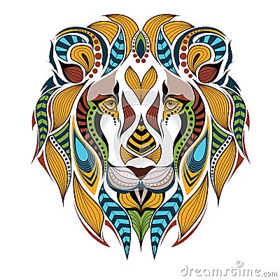 Patterned colored head of the lion. Vector Illustration