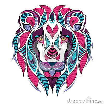 Patterned colored head of the lion. African / indian / totem / tattoo design Vector Illustration