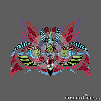 Patterned colored head of the owl. African / indian / totem / tattoo design. It may be used for design of a t-shirt, bag, postcard Vector Illustration